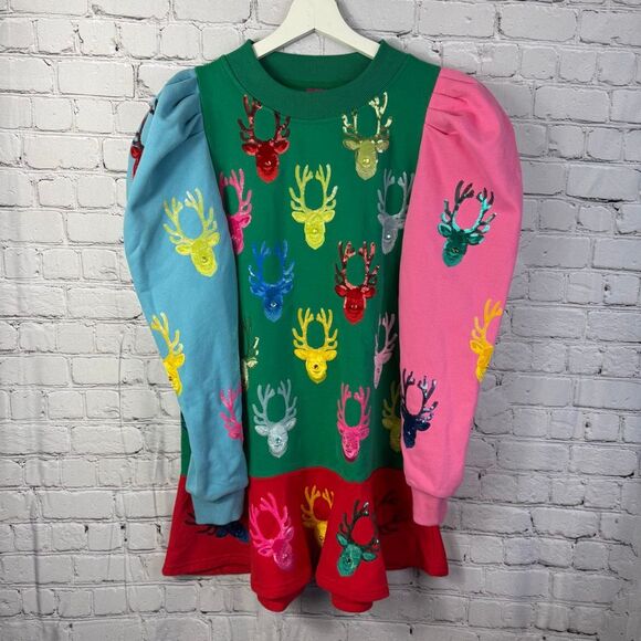 Queen of Sparkles Colorblock Reindeer Embellished Holiday Dress Size Small - Picture 2 of 10